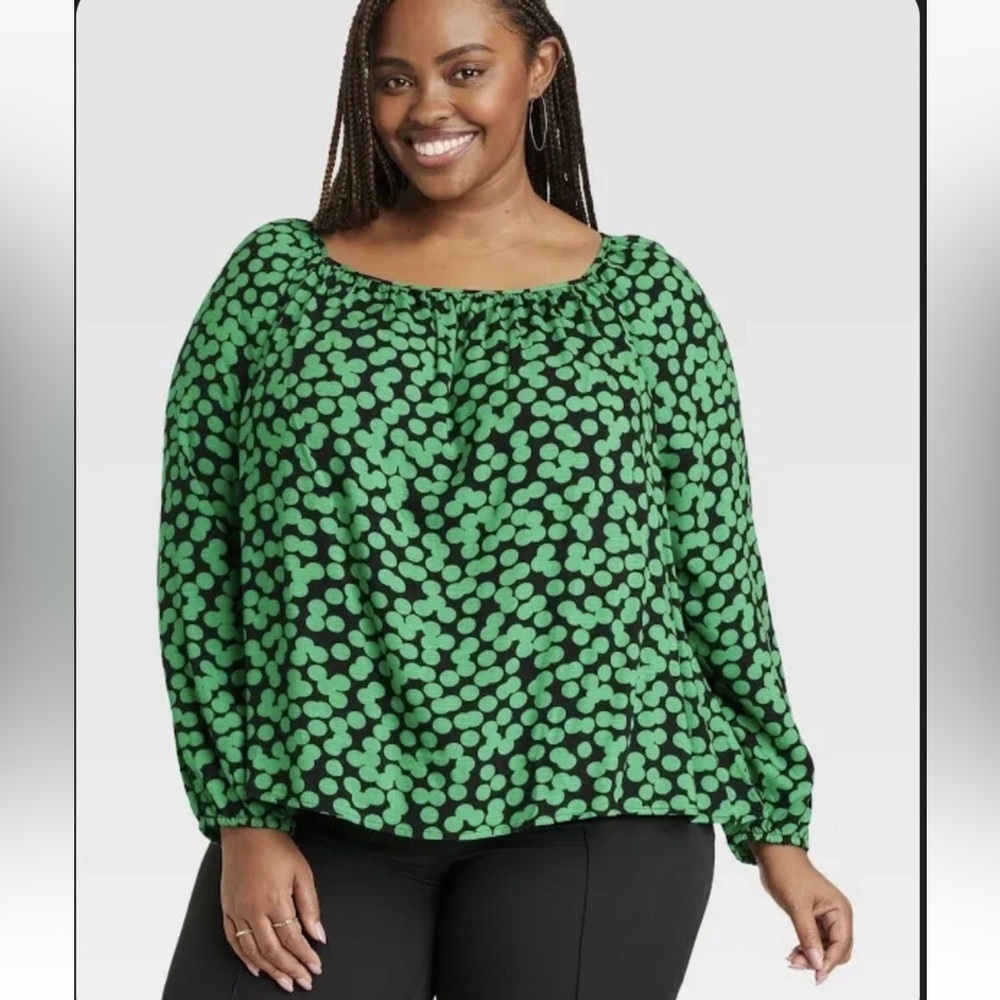 AVA & VIV Green polka dot balloon sleeve blouse size 3X